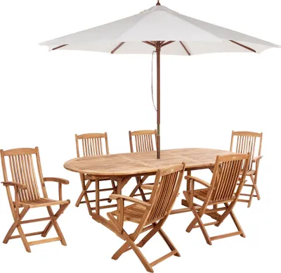 Produktbild von BELIANI Gartenmöbel Set mit Sonnenschirm Hellbraun Akazienholz 6-Sitzer 6-teilig Ausziehbarer Tisch Outdoor Garten Terrasse Balkon Ausstattung Möbel