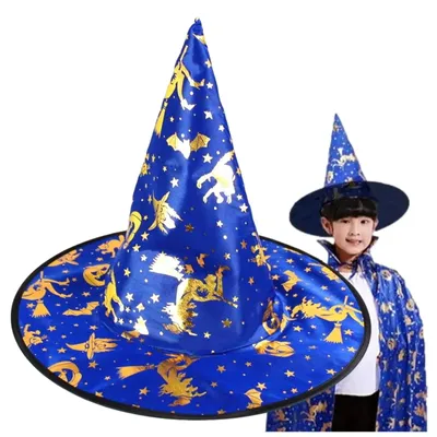 Zdjęcie produktu dla Kapelusz czarownicy czarodzieja niebieski złote wzory halloween strój przebranie wiedźmy czapka uniwersalna