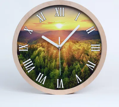 Produktbild von Holzuhr 25fi cm wanduhr - weiße Spitzen - Wald Sonnenuntergang