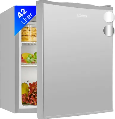 Produktbild von Bomann mini chladnička s objemom 42 l, malá chladnička na nápoje do kancelárie, na kempovanie a hranie hier, malá chladnička tichá 39 dB, minibar s vymeniteľným závesom dverí, 51x 45 x 45 cm - KB 7346 inox