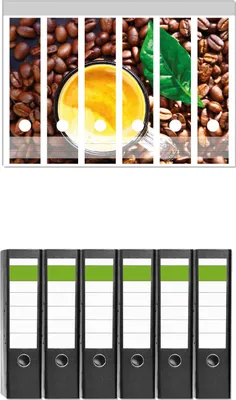 Produktbild von Wallario 6 Stück breite Ordner inkl. Klebeetiketten mit Motive Kaffee und Bohnen -  Set mit Rückenschildern / Ordnerrücken Stickern