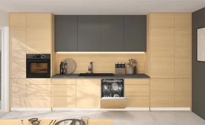 Immagine prodotto di Mobile cucina AREZZO con piano di lavoro 448cm ad estrazione parziale bianco Vicenca fronte rovere - graphite opaco
