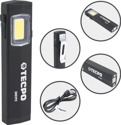 A collage of images showing a black TECPO mini LED flashlight from different angles, including close-ups of its clip, charging port, and a USB cable.