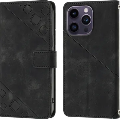 Produktbild von Hülle für iPhone 15 Pro Max Prägung Flip Leder Brieftasche Schutzhülle mit Ständer Schwarz