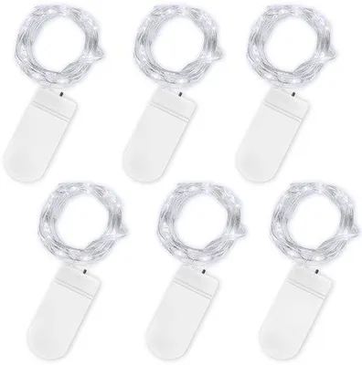 Productafbeelding van Lichtsnoeren, 6 stuks 2 m, 20 led-batterij-aangedreven lichtslingers, koperdraadlicht voor binnen en buitenverlichting, slaapkamer, bruiloftsdecoratie, feest, Kerstmis, boomdecoratie (koel wit)