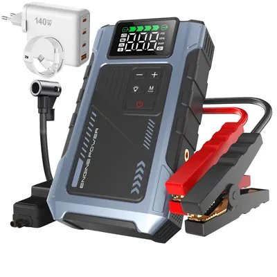 Produktbild von 5 in1 Auto Starthilfe Startgerät Booster mit 150PSI Luftkompressor Jump Starter 6000A 12000mAh, Powerbank mit PD-140W Schnellladegerät Adapter