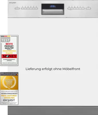 A white dishwasher with a digital display and control panel, along with two award badges on the left side.