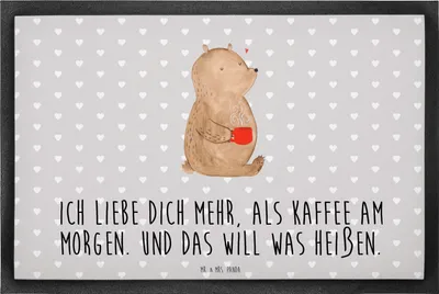 Produktbild von Mr. & Mrs. Panda Bodenvorleger Bär Morgenkaffee 40 x 60 cm - Grau Pastell - Geschenk, fußmatte, Liebesbeweis, Freundin, Sauberlaufmatte, Hochzeitstag, bodenmatte, für
