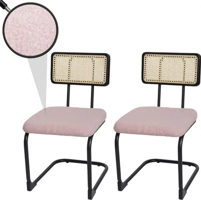 Productafbeelding van Set van 2 schommelstoelen HWC-K88, stoel met rugleuning, hout, riet, metaal, bouclé stof/textiel, roze