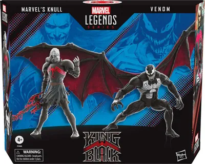 The image shows the packaging for a Marvel Legends action figure set featuring Knull and Venom.