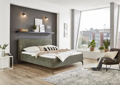Produktbild von Meise Möbel Polsterbett Riva 160x200 cm | Doppelbett | Bettgestell | Kopfteil mit Keder | Webstoff Moosgrün | Metallfuß schwarz