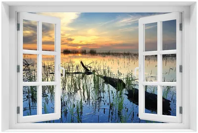 Produktbild von Wallario Premium Glasbild mit Fensterrahmen, freischwebende Optik, kräftige Farben, Größe 60 x 90 cm Motiv Schilf am Abend - Sonnenuntergang über der Seelandschaft