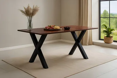 Produktbild von Esstisch 160x85cm Akazie massiv kastanienfarben schweizer Kante X-Gestell schwarz RITA