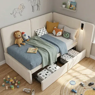 Produktbild von okwish Schlafsofa 90x200 Kinderbett mit Leselampe und USB-Ladeanschluss Polsterbett Einzelbett mit 2 Schubladen Beige (ohne Matratze)