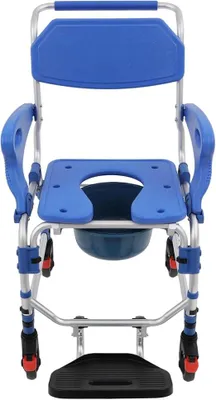 Produktbild von Toilettenstuhl mit Rollen klappbar, Duschstuhl fahrbar für Senioren, Duschrollstuhl mit abklappbaren Armlehnen & Urineimer, mobil Badestuhl, belastbar bis 125 kg, Blau