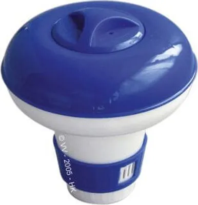 A blue and white chlorinator float for a swimming pool.
