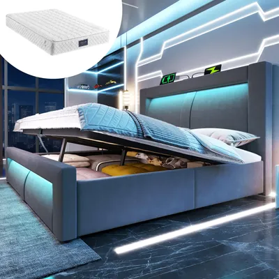 Image de Lit rembourré 160 x 200 cm avec matelas Lit double avec espace de rangement, lit hydraulique Lit avec espace de rangement Tête de lit Éclairage LED Ports de recharge USB Type-C, velours, gris