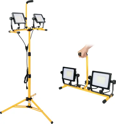Two views of a yellow and black LED work light with a tripod stand and a portable base.
