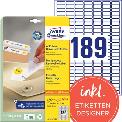 Obrázok produktu pre Avery L4731REV-25, Biela, Zaoblený obdĺžnik, Odnímateľné, DIN A4, Univerzálne, Papája