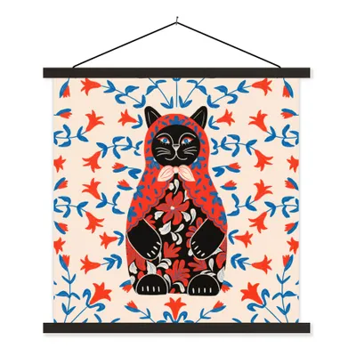 Produktbild von MuchoWow® Textilposter Matrjoschka - Blumen - Katze 60x60 cm mit schwarzem Rahmen - Posteraufhänger