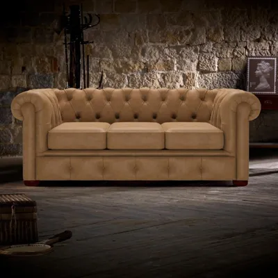 Immagine prodotto di Divano imbottito Chesterfield a 3 posti in stile antico in pelle e tessuto divano in tessuto
