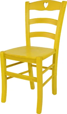 A yellow wooden chair with a heart-shaped cutout in the backrest.