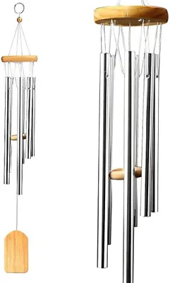 Produktbild von Windspiel, 65 cm großes Holz-Windspiel mit 6 hohlen Aluminiumröhren, dekoratives Hänge-Windspiel für den Außenbereich, Terrasse, Garten, Zuhause