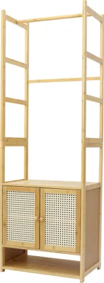 A tall, narrow wooden garment rack with shelves and a cabinet.