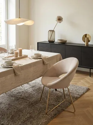 Produktbild von Esszimmerstuhl Samt Beige Küchenstuhl mit goldenen Beinen, Schalenstuhl Stoff / Metall, Design Polsterstuhl, Stuhl Esszimmer Gepolstert