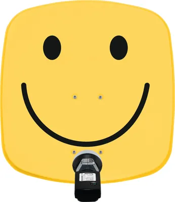 A yellow satellite dish shaped like a smiley face.