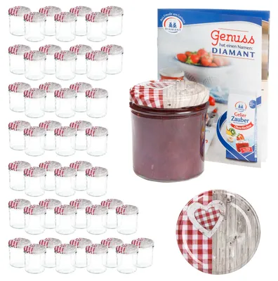 Image de lot de 50 pots 350 ml To 82 couvercle bois-cœur rouge incl. livre de recettes Diamant Gelierzauber