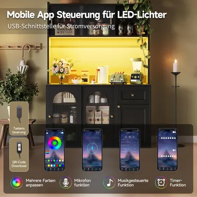 Produktbild von okwish Vitrine mit Platten für Küche und Wohnzimmer,Buffetschrank mit Verstellbaren Ablagen,Sideboard mit LED-Beleuchtung,Schwarz
