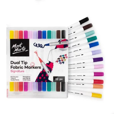 Produktbild von Mont Marte Textilmarker Set 12 Farben – Stoffmarker Dual Tip 2 mm & 5 mm, Textilstifte zum Bemalen von T-Shirts, Stofftaschen & Textilien, DIY
