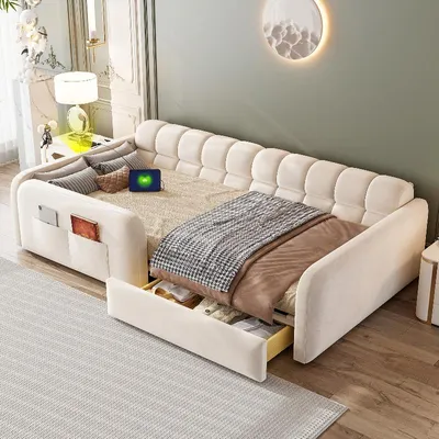 Productafbeelding van Bed met verstelbare bodem, 90x200 cm, met lade, nachtlampje, USB- en USB-C-aansluiting, fluwele bekleding en een hoge veiligheidsreling, in beige