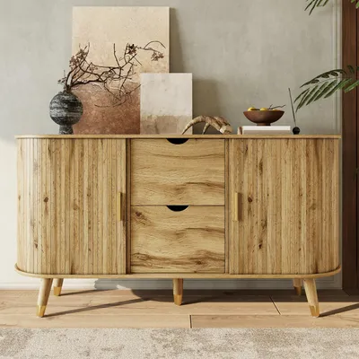 Produktbild von Merax Sideboard mit 2 Schiebetüren und 2 Schubladen, Kommode mit Massivholzbeine, vertikale Maserung, multifunktionaler Aufbewahrungsschrank, Natur