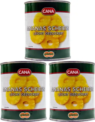 Produktbild von CANA Ananas Scheiben Ringe leicht gezuckert 3 Dosen Füll 825g ATG 490g