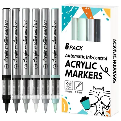 Produktbild von Acrylstifte Set 6 Farben Grautöne Pinselspitze Wasserfest für Papier, Stein, Glas, Holz