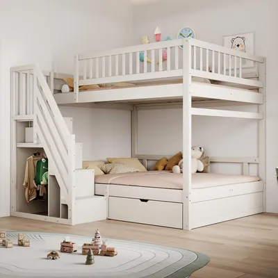 Image de OKWISH Lit Superposé 140x200 cm - Lit Double avec Échelle et Rangement, Pin Massif et MDF, Sans Matelas - Blanc