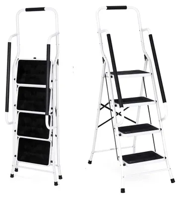 Produktbild von 4-stufige Klappleiter mit Handlauf, Leiter mit breitem Anti-Rutsch-Pedal, bis 150 kg belastbar, multifunktionaler Tritthocker, einfach zu verstauen für Küche, Haus und Außenbereich