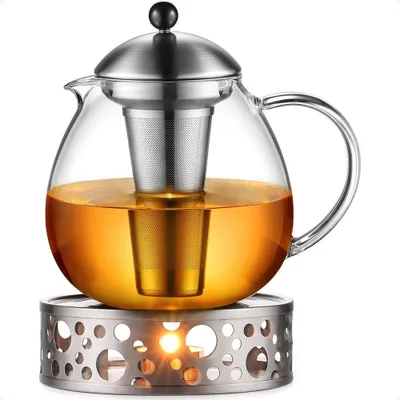 Image de Théière en verre avec chauffe-thé en acier inoxydable, 1,5 litre