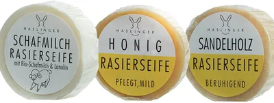 Produktbild von Haslinger Rasierseife Vorteilsset 3 x 60g Honig - Schafmilch - Sandelholz