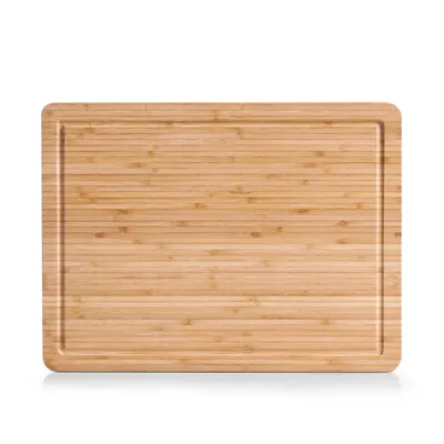 A top-down view of a rectangular bamboo cutting board with a subtle groove around the edge, set against a plain white background.