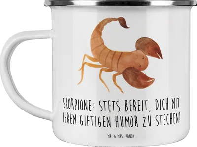 Produktbild von Mr. & Mrs. Panda Pott Skorpion Humor - Weiß - Geschenk, Emaille Becher, giftig, Horoskop, Tierkreiszeichen, Geheimnis, Intensität, Sternzeichen, Reisebecher, Geschenke