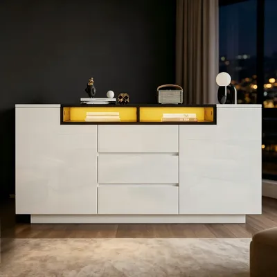 Produktbild von Wohnzimmer Sideboard mit LED-Beleuchtung, 140x40x68cm, weiß-schwarz, 2 Türen, 3 Schubladen und Hochglanzfront