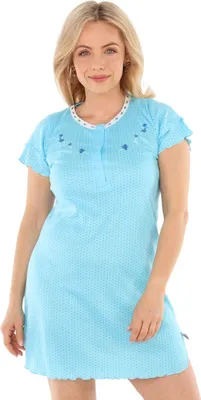 Produktbild von Nachthemd Damen kurzer Arm mit Spitze und Stickerei Nachtgewand Nachtwäsche, Größe:XL, Farbe:Türkis mit Stickerei