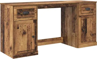 A rustic-style wooden desk with drawers and a cabinet.
