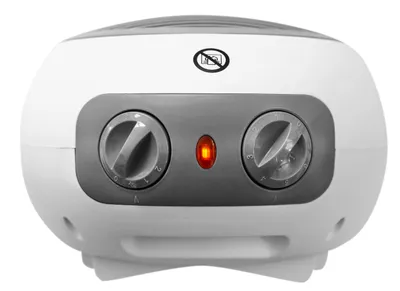 A front view of a white and gray ROWI HHL 2000/2/4 heater with two control knobs and an illuminated indicator light.