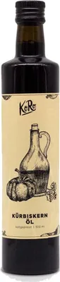 A bottle of pumpkin seed oil with a label featuring an illustration of a jug and a pumpkin.