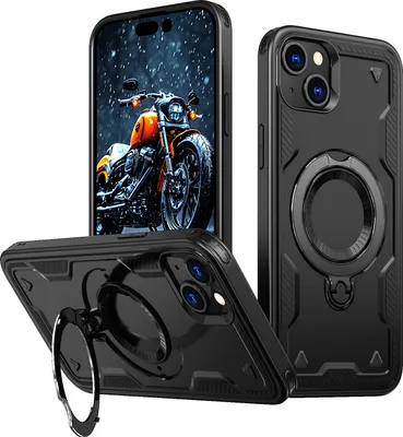 Immagine prodotto di Custodia a doppio strato per iPhone 15, custodia protettiva militare magnetica con anello e supporto in metallo Nero