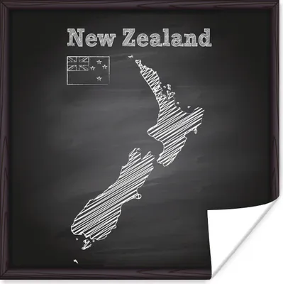 Produktbild von MuchoWow® Poster Eine Illustration einer schwarzen Kreidekarte von Neuseeland 50x50 cm - Wohnzimmerdekoration